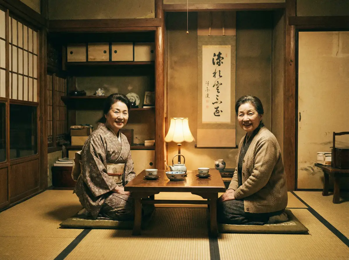 两位优雅的 爱情岛论坛 在日式茶室中品茶交谈